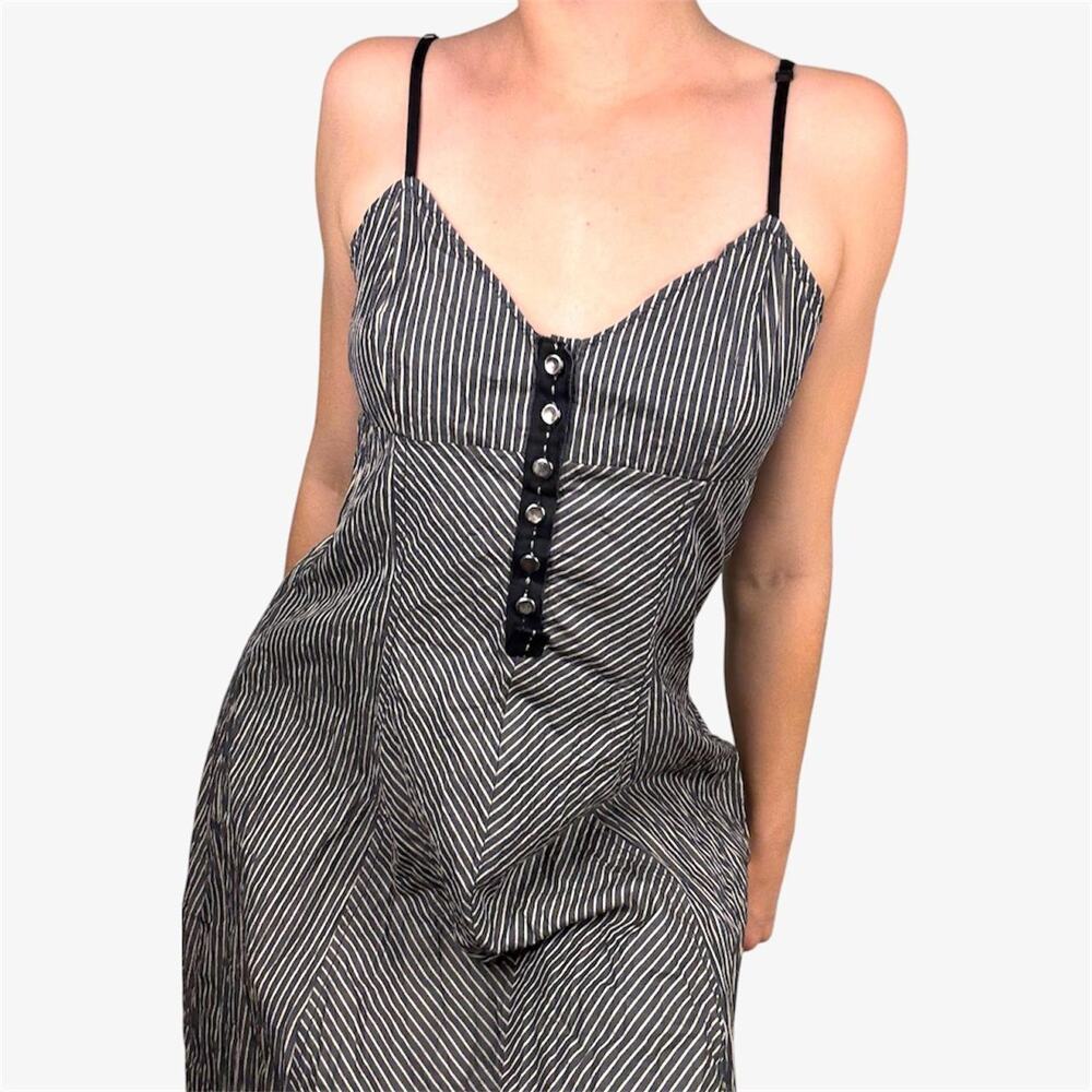 Italian vintage navy white striped a line dress cinched waist button down - S